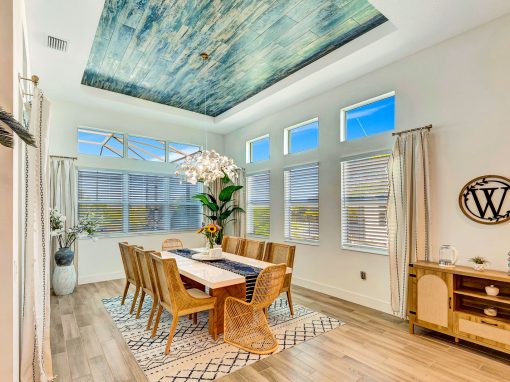 Custom dining room wood ceiling Custom wood ceiling and beam treatment in a dining room